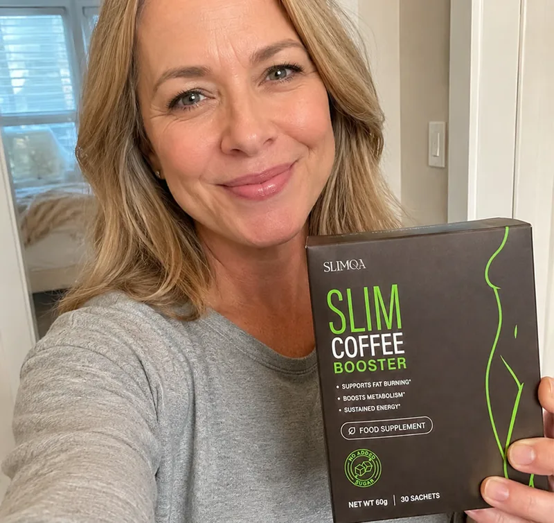 Cliente souriante tenant son étui de SlimQA chez elle