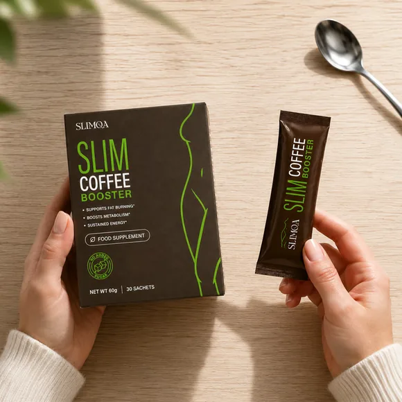 Coffret SlimQA Slim Coffee Booster de 30 sticks tenu en main